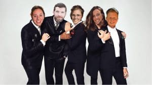 My core team, “The Fake Meghans,” as the “Fab 5” from Netflix’s Queer Eye. Pictured from left to right: Kait Capone (as “Bobby”), Andrew Nickerson (as “Karamo”), AJ Hobbs (as “Antoni”), Meghan Renfrow (as “Jonathan”), and Addison Winkler (as “Tan”).