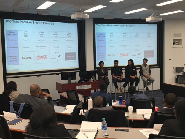 Inside Goizueta 2019 Current Student Panel. Pictured here are panelists Erin Lightfoot 21MBA, Drew Banks 21MBA, Lyndsey Fridie 21MBA, Oscar Mendez 20MBA.