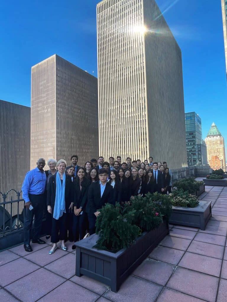 Pictured is the attending MAF 2023 class at Palladium Equity Partners, including Julie Barefoot (Associate Dean of Engagement and Partnerships at Goizueta Business School), Kirsten Travers-UyHam (Academic Director of the Master of Analytical Finance Program), Christine Battle (Program Director of the Master of Analytical Finance Program), and Erick Bronner (Managing Director of Fundraising & IR at Palladium Equity Partners and Emory MBA alum).