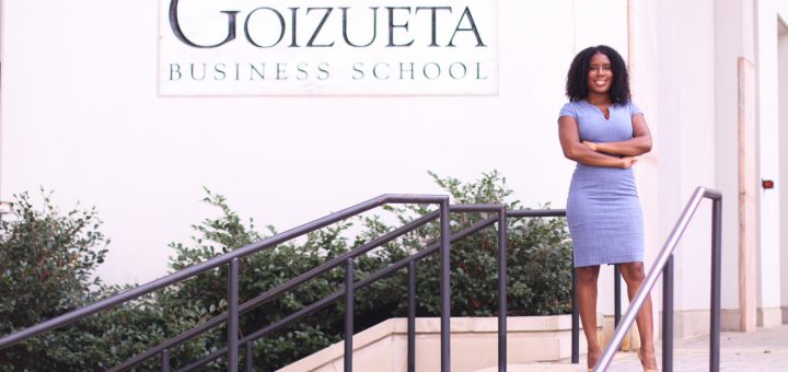 Jalin Garrison 24MBA in front of the Goizueta Business School sign