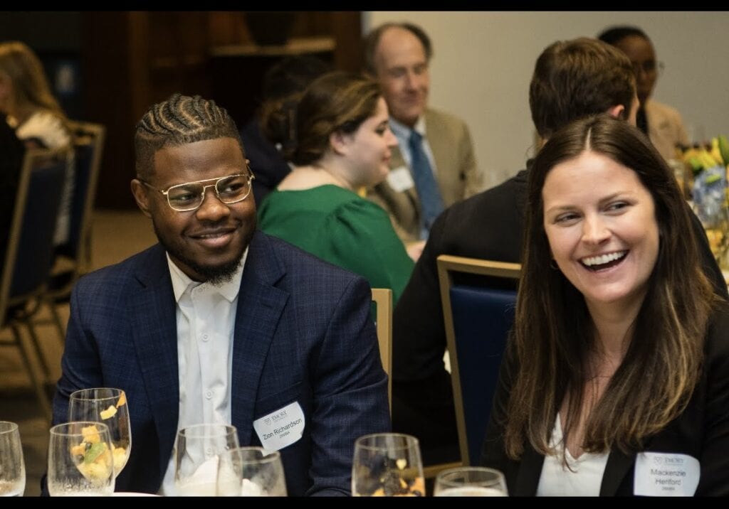 Zion attending the Woodruff Scholarship dinner with fellow scholar Mackenzie Heriford during the first year of their MBA.