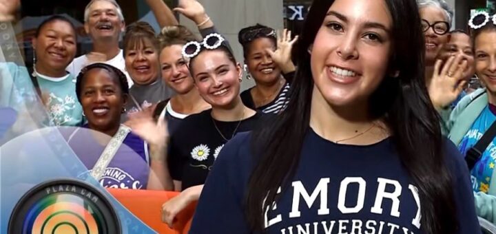 Maddy Goldstein 27BBA in front of crowd outside of the TODAY Show